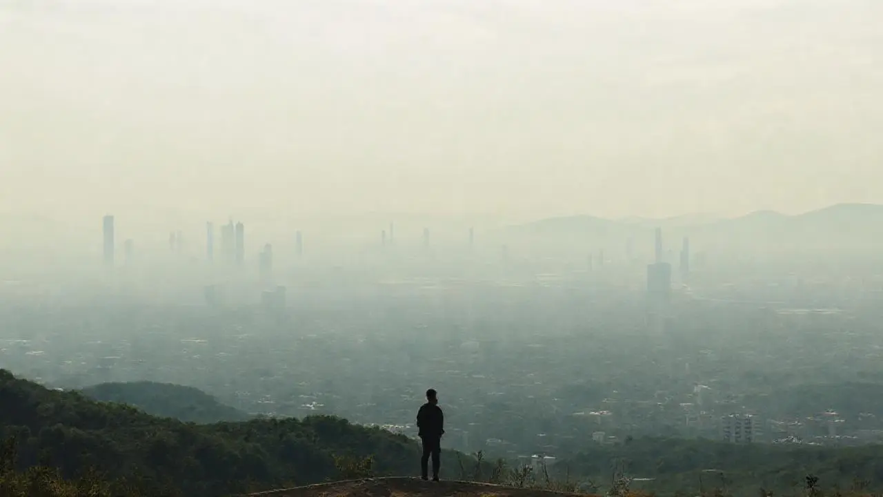 Paisaje urbano extenso, brumoso y distante