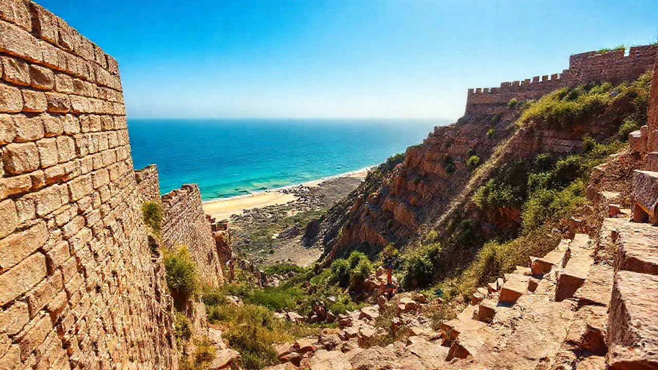 Un paisaje costero antiguo, sereno y soleado