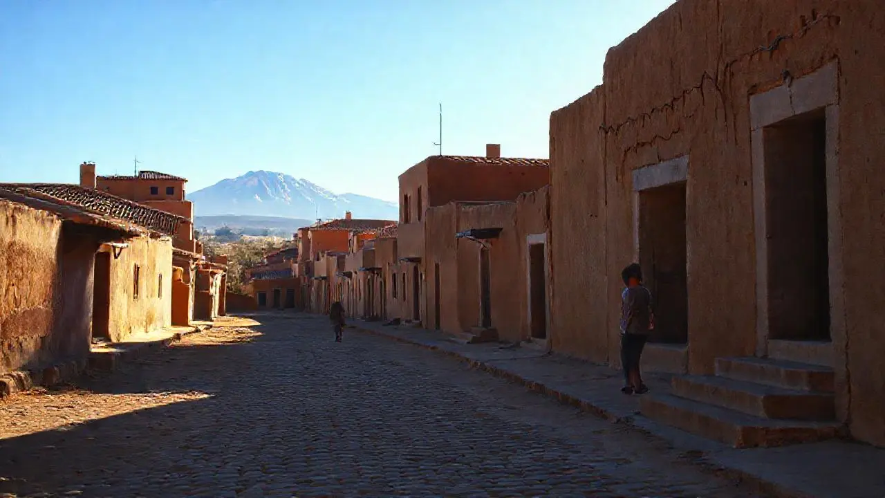 Pueblo antiguo, tranquilo, bajo luz cálida