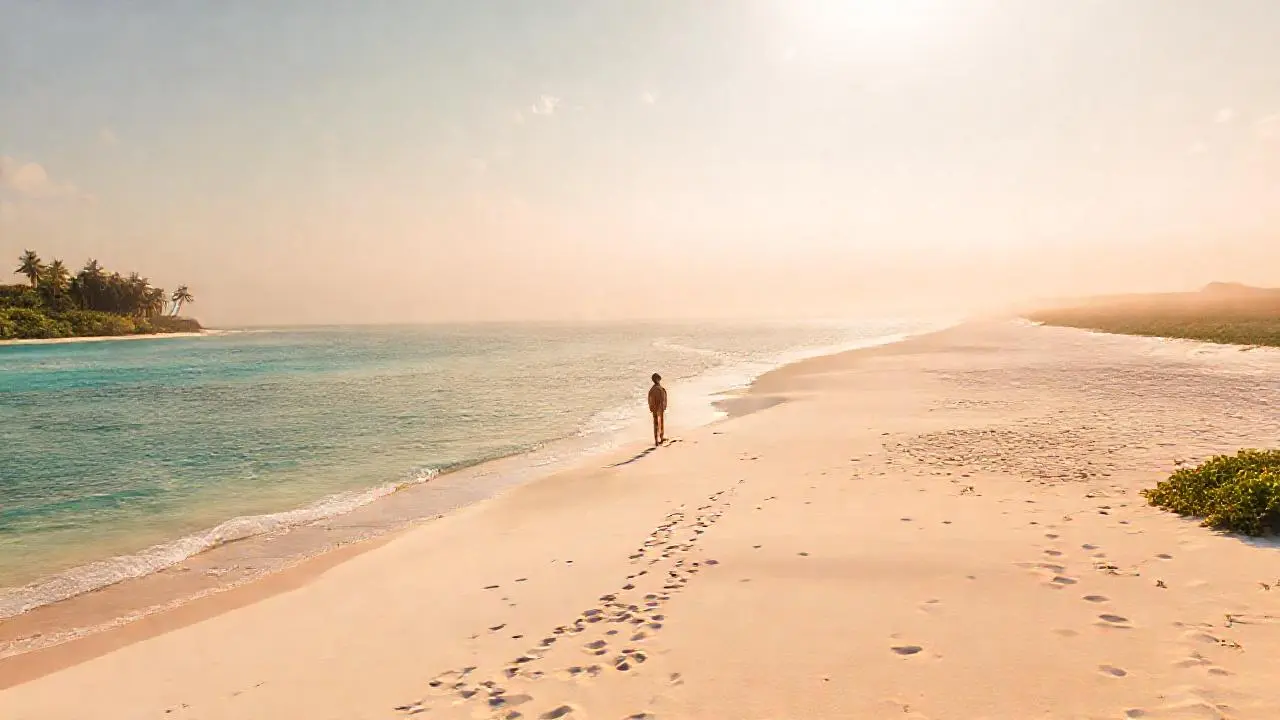 Playa serena, luz cálida, extensa y natural