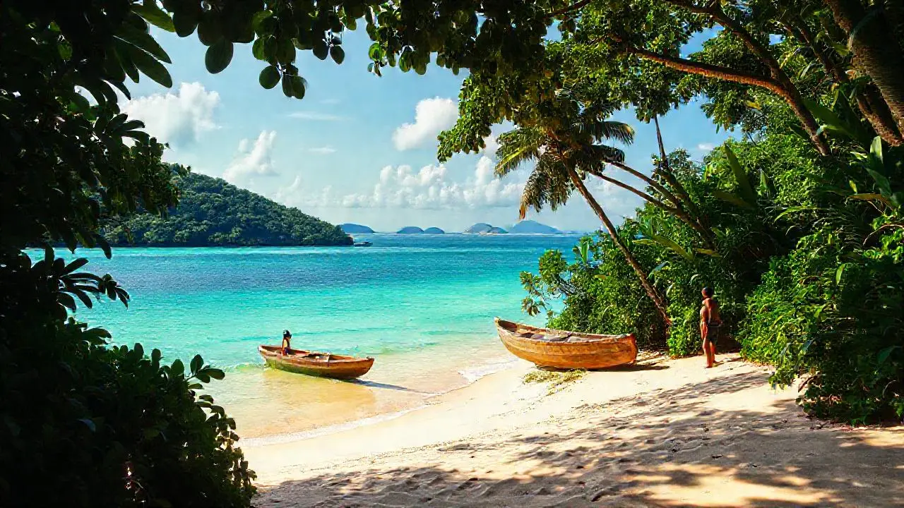 Tranquila playa tropical bajo cielos suaves