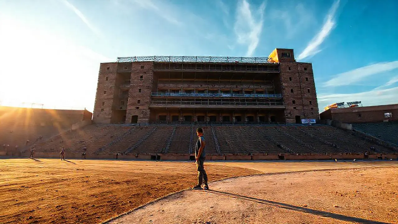 Estadio vacío, luz suave y perspectiva amplia