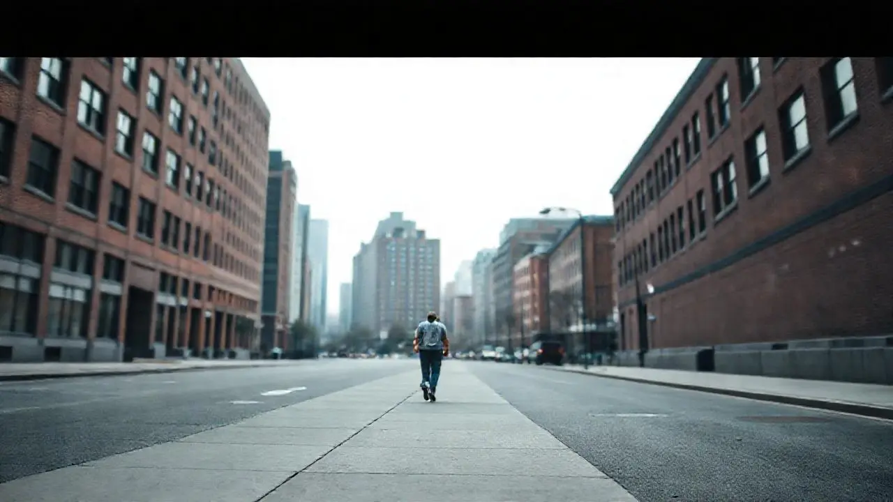 Calle urbana, gris, y figura solitaria