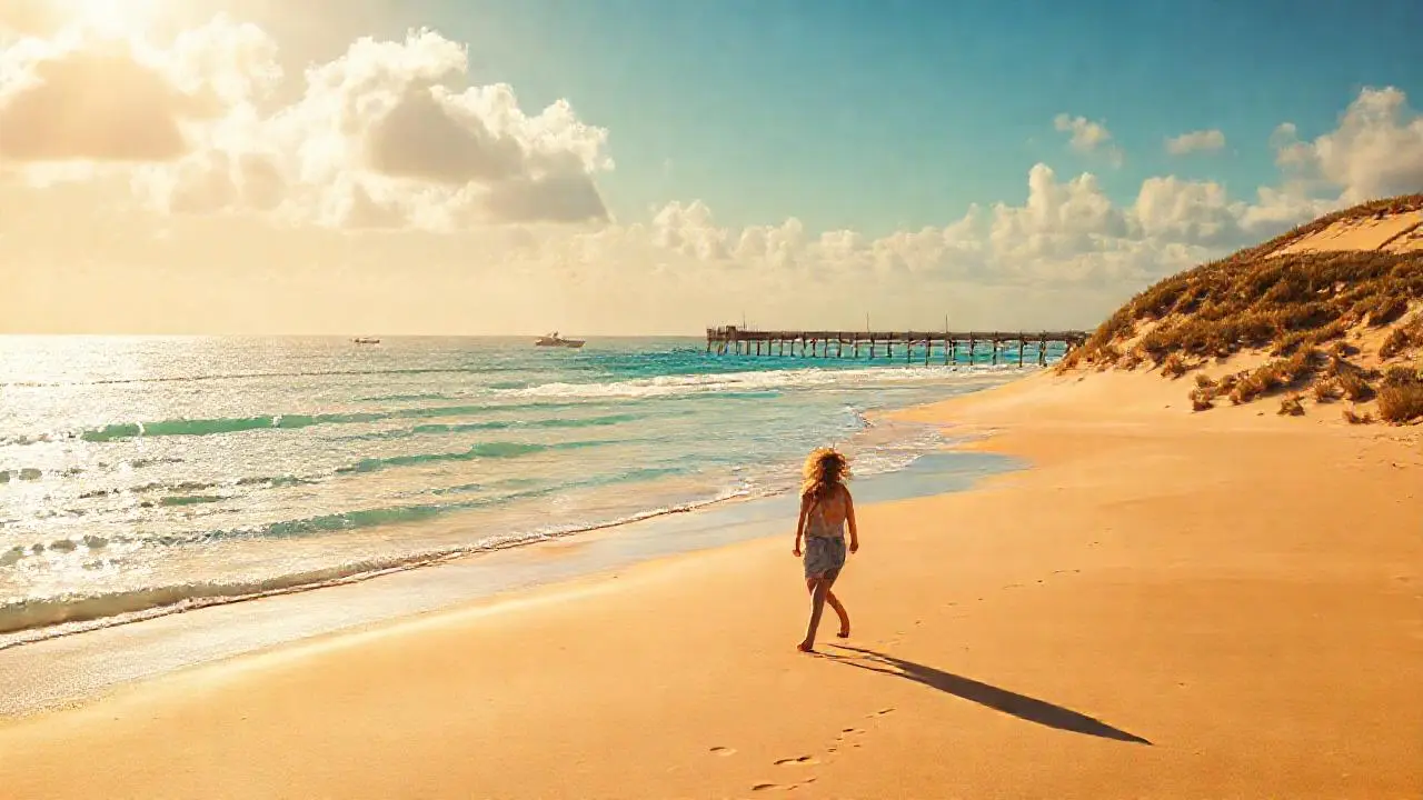 Playa serena bajo luz cálida y amplia