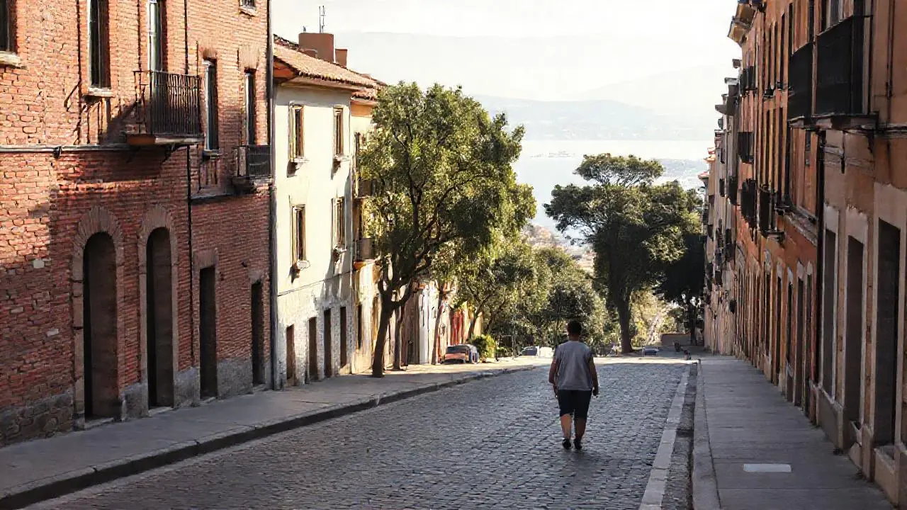 Calle urbana tranquila, luz suave y cálida