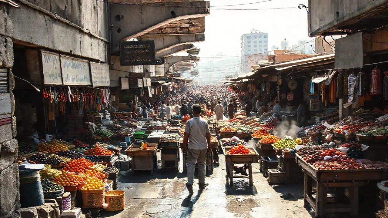 Mercado bullicioso, texturas desgastadas, luz natural