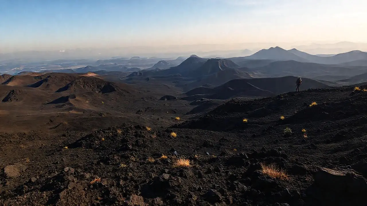Paisaje volcánico vasto, árido y silencioso