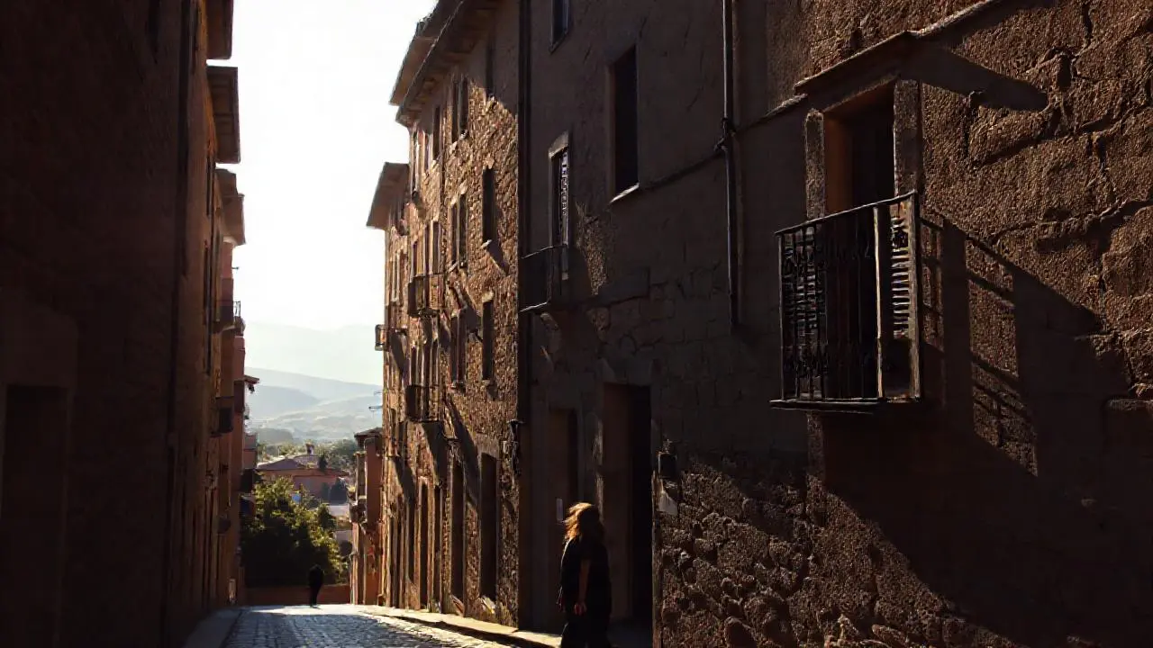 Pueblo español tranquilo, luz cálida y antigua