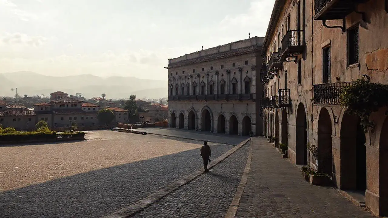 Pueblo colonial tranquilo, luz suave y distante