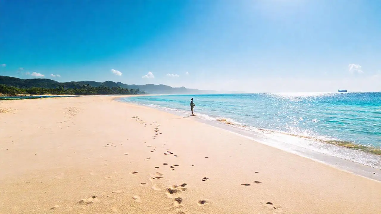 Playa tranquila, sol, arena y horizonte