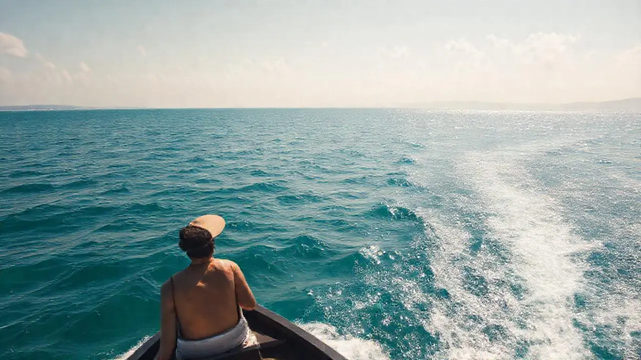 Tranquilo mar, pequeña embarcación bajo el sol