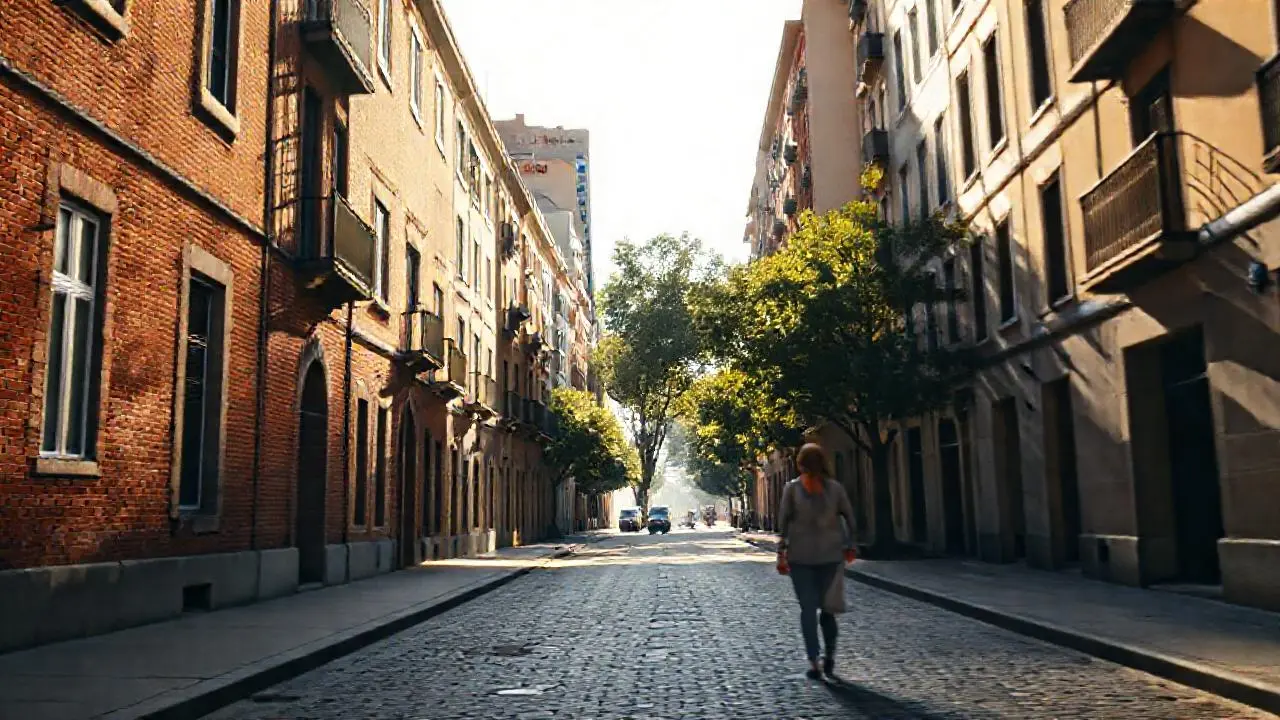 Calle urbana cálida, llena de detalles