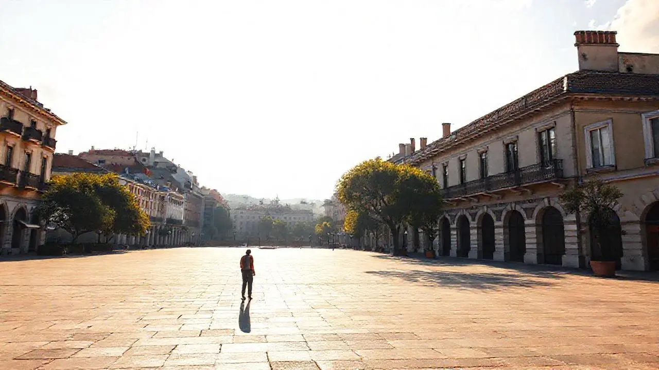 Plaza urbana serena, bañada por la luz