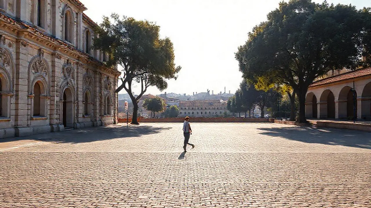 Plaza urbana, luz cálida, figura solitaria