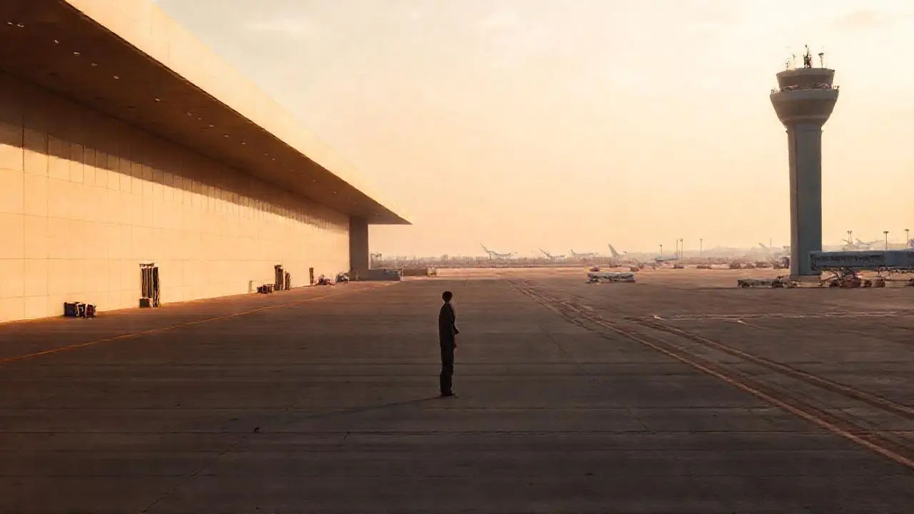 Aeropuerto vasto, tranquilo y ligeramente brumoso