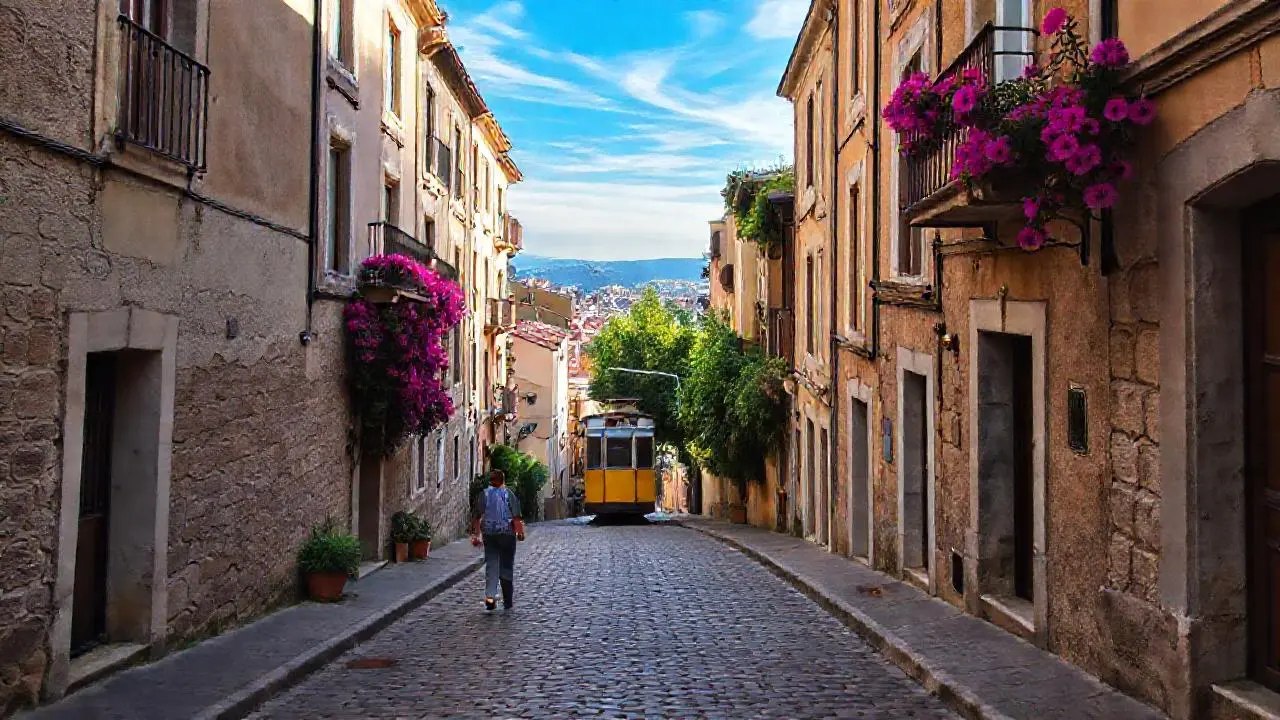 Calle antigua y luminosa, llena de encanto