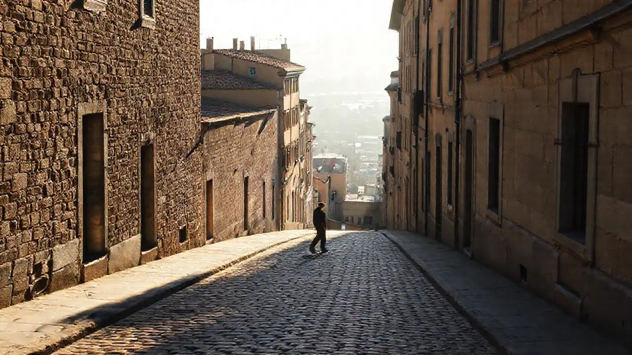 Calles antiguas, luz suave, figura solitaria