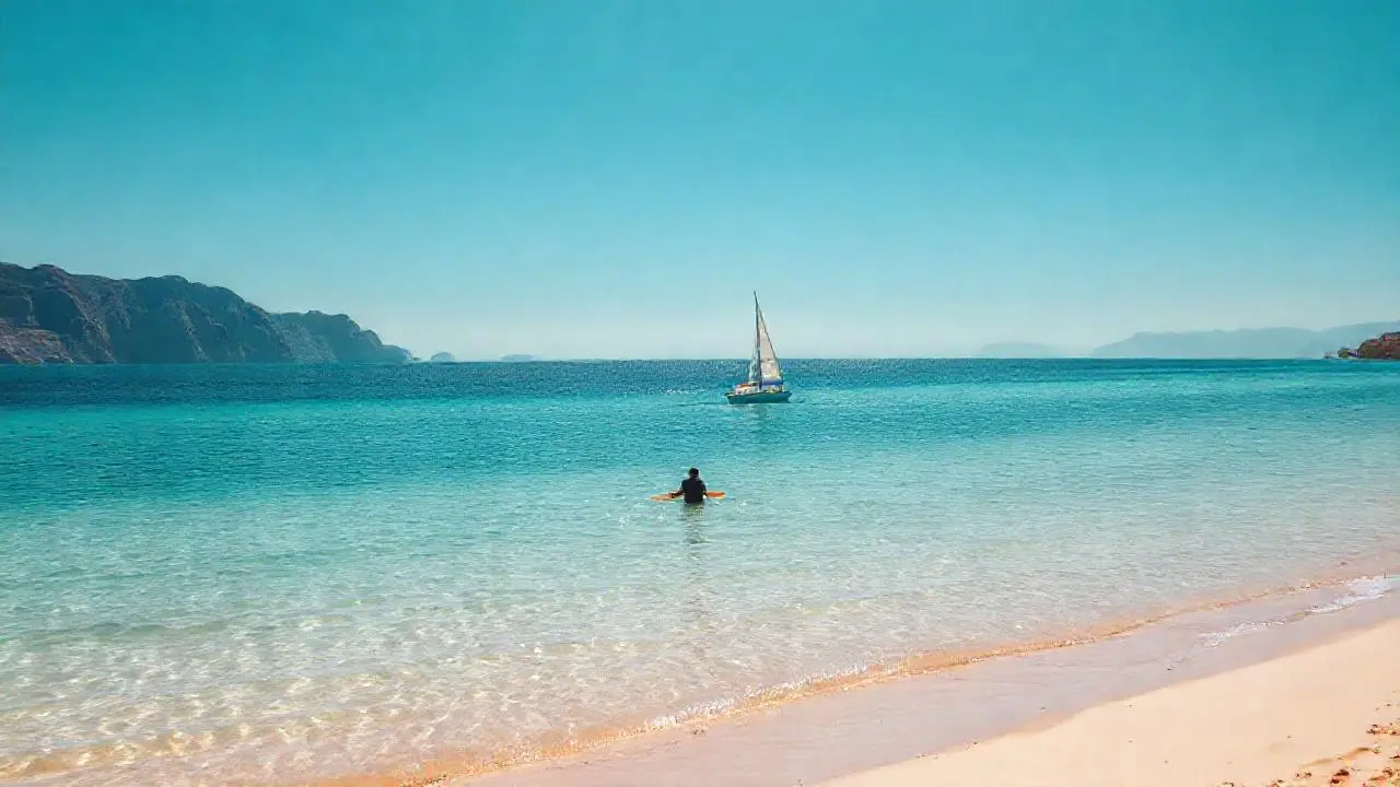 Pazena playa, mar tranquilo y horizonte lejano