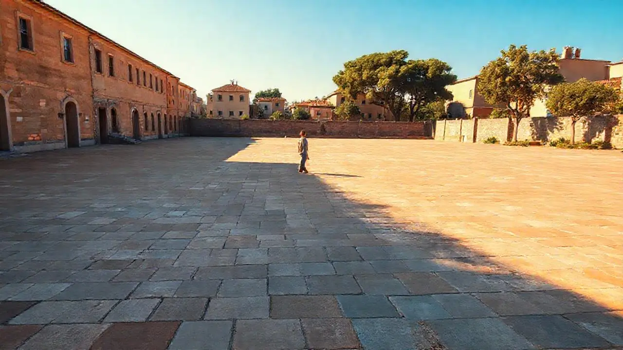 Plaza tranquila, luz cálida, ambiente sereno