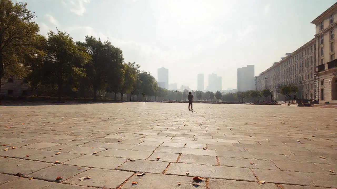 Plaza tranquila, nostálgica y ligeramente difusa