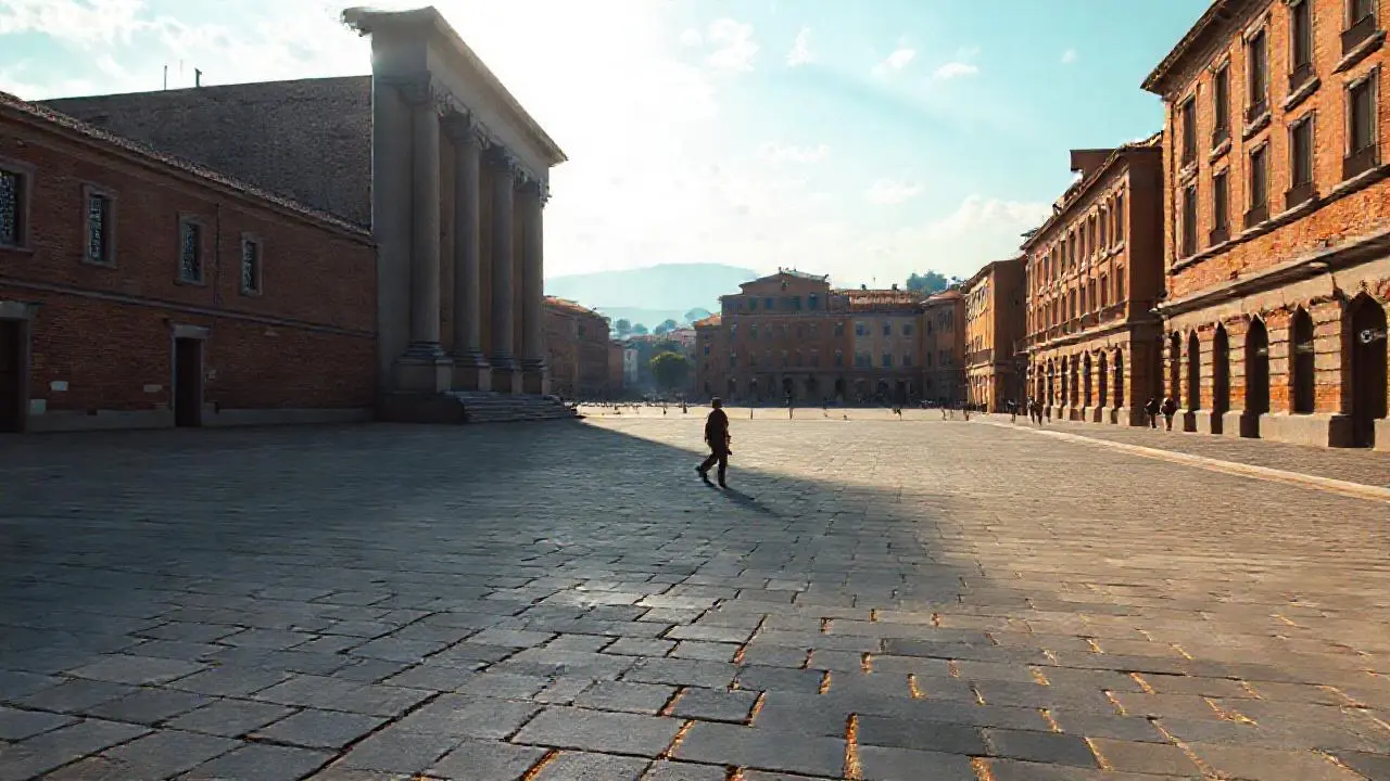 Plaza soleada, arquitectura y figura tranquila