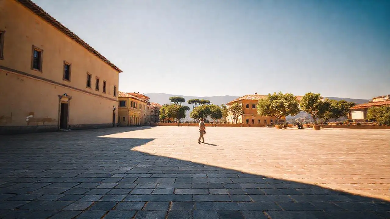 Plaza soleada, ambiente cálido y realista