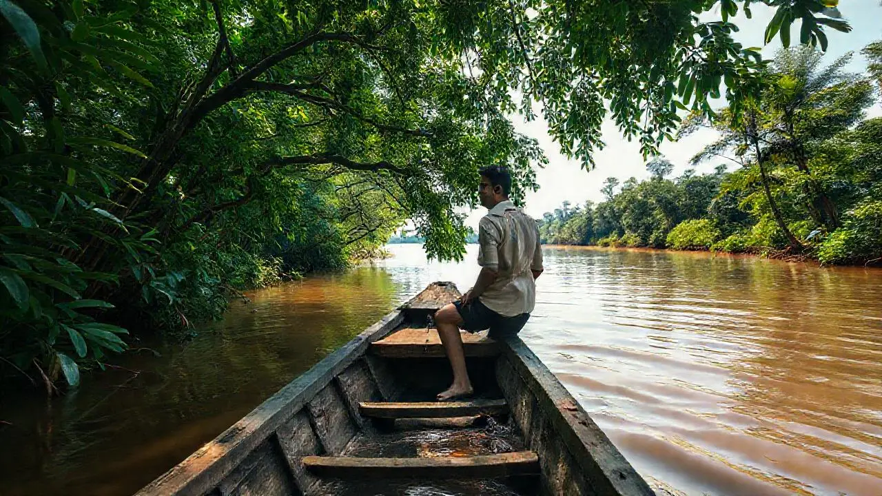 Selva exuberante, río tranquilo y hombre relajado