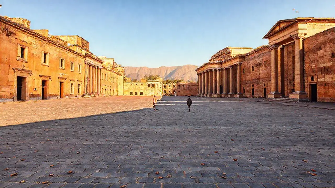 Plaza antigua, luz cálida y profundidad serena