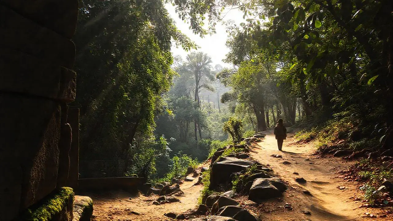 Selva antigua, luz cálida, figura solitaria