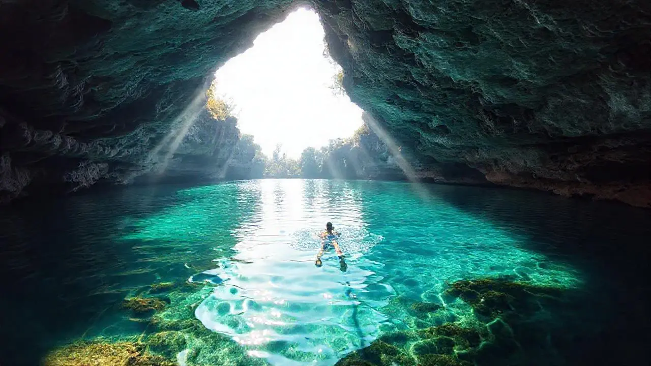 Cenote: agua turquesa, luz, y roca