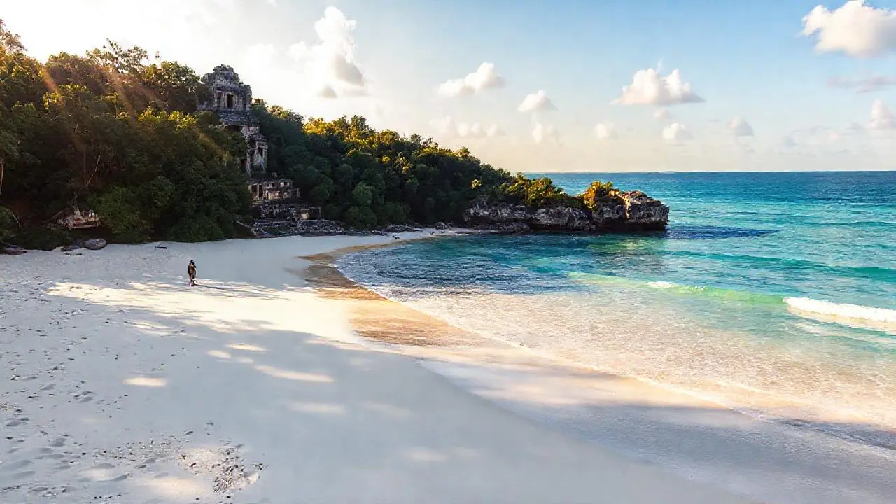 Paisaje costero antiguo, exuberante y sereno
