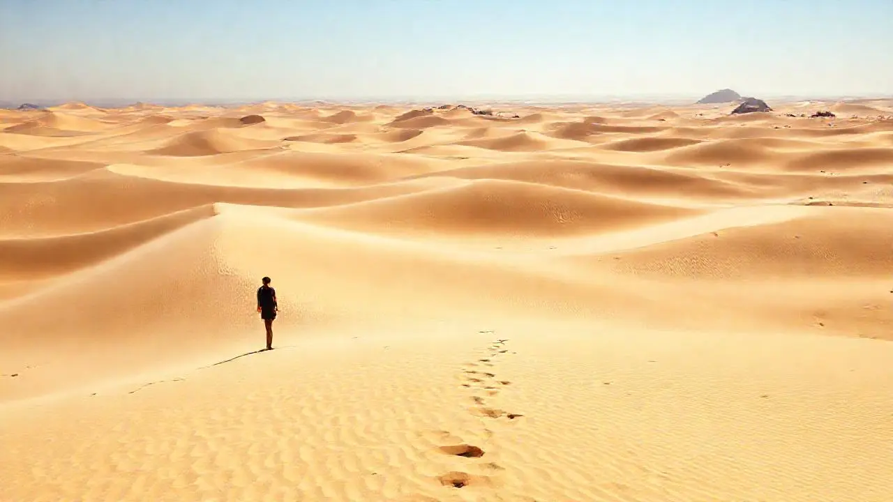 Inmenso desierto soleado, figura diminuta
