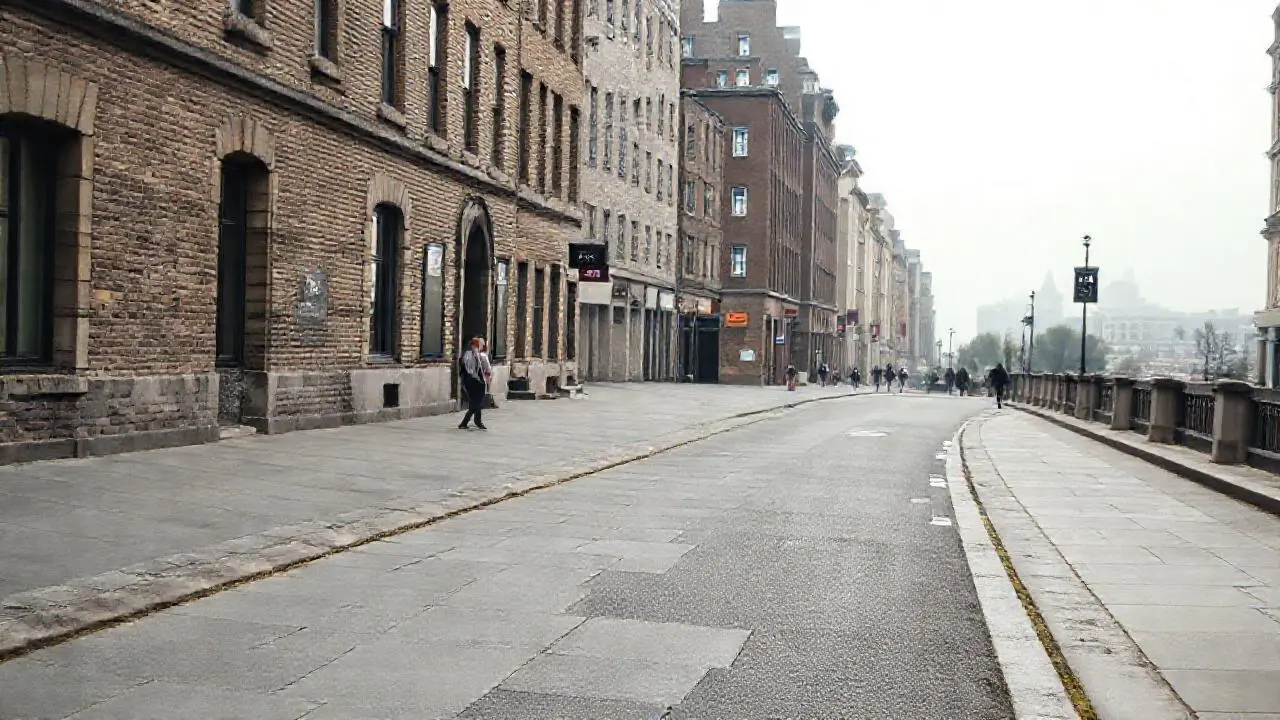 Calle urbana, ambiente tranquilo y ligeramente difuso