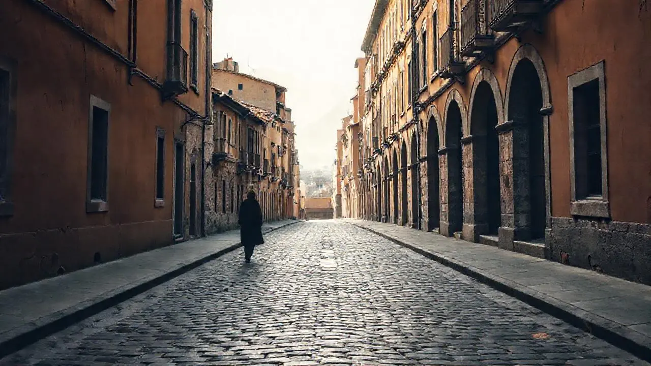 Calle antigua, tranquila y ligeramente brumosa
