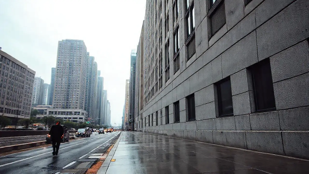 Ciudad moderna, gris, tranquila y difusa