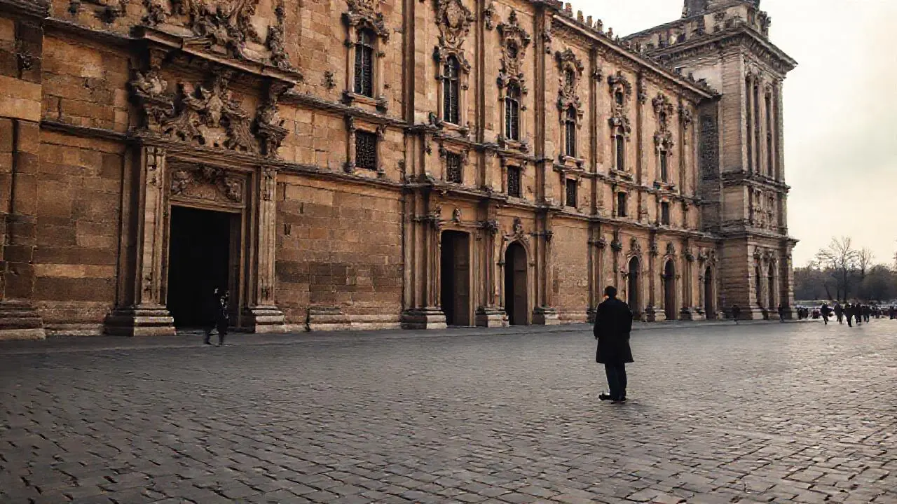 Antiguo edificio imponente bajo luz tenue