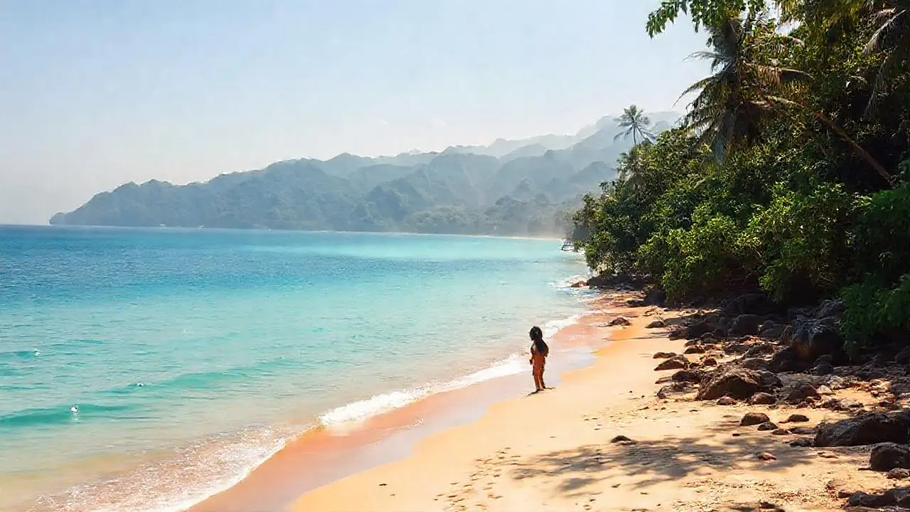 Playa tropical, luz cálida, figura solitaria