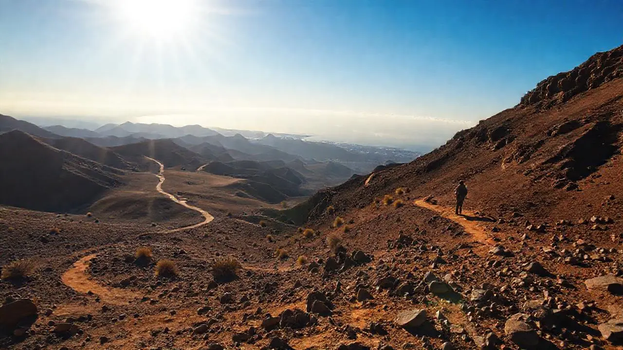 Paisaje montañoso árido, luz cálida y vasto