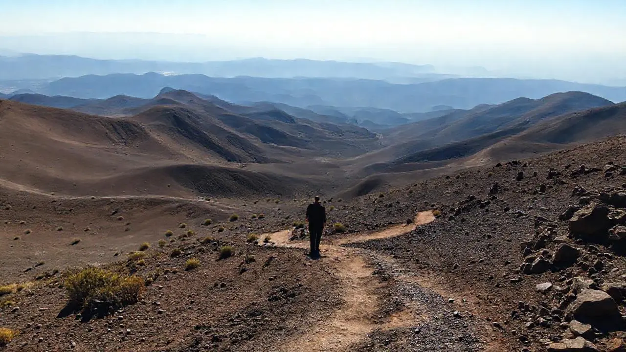 Paisaje volcánico árido con figura solitaria