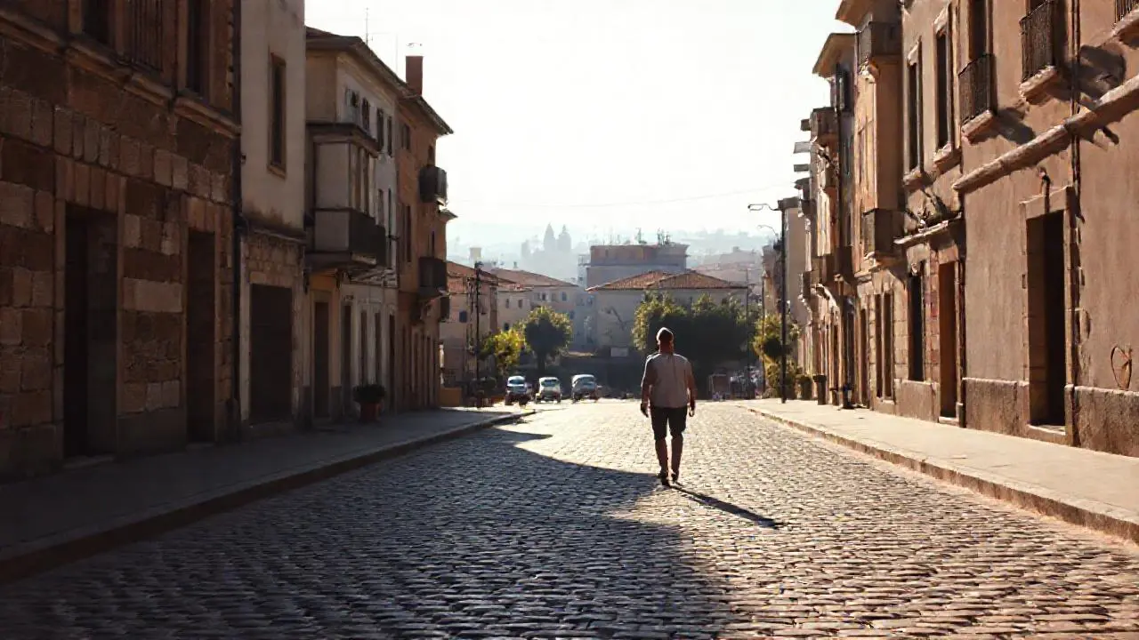 Calle tranquila, luz suave y envejecida