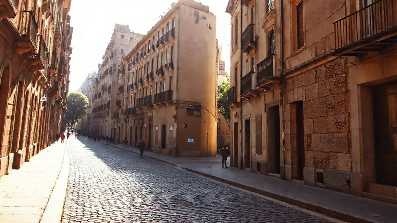 Calle urbana, cálida y ligeramente borrosa