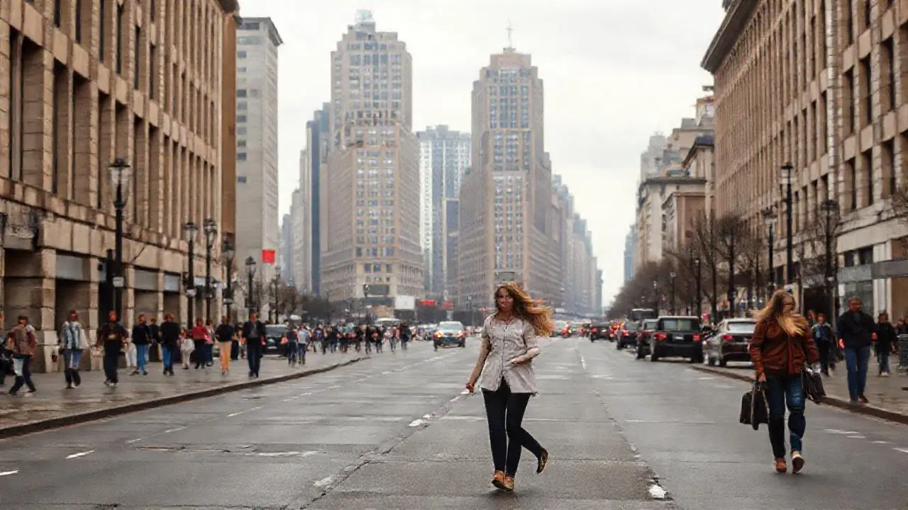 Calle urbana, húmeda, con gente paseando