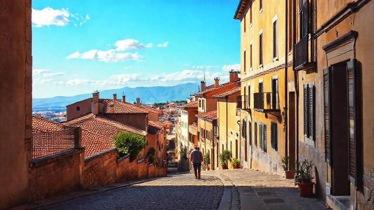 Pueblo europeo soleado con ambiente tranquilo