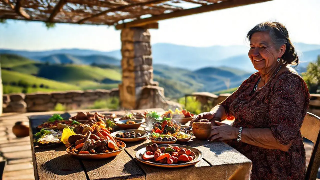 Paz rural, comida abundante, luz cálida