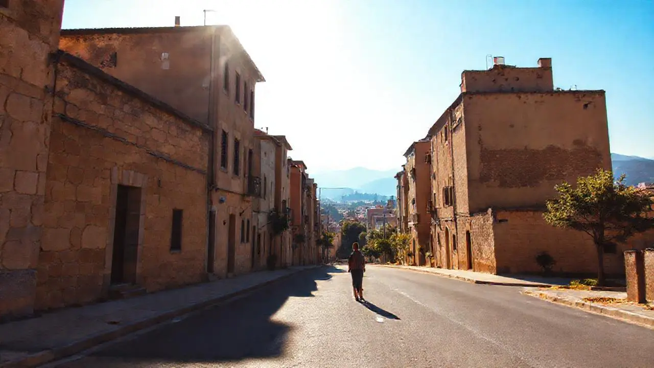 Paseo urbano tranquilo, luz suave y cálida