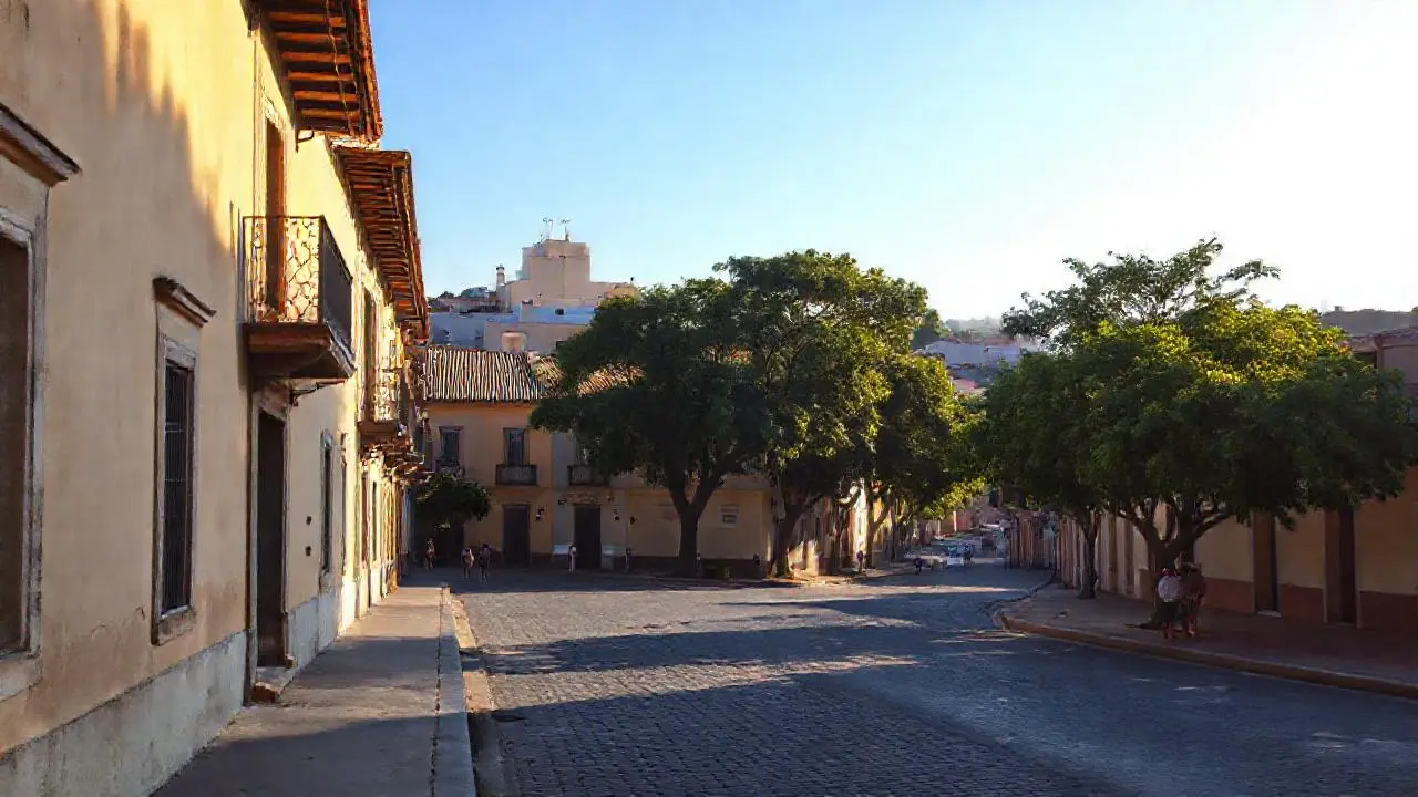 Calle colonial tranquila bajo luz suave