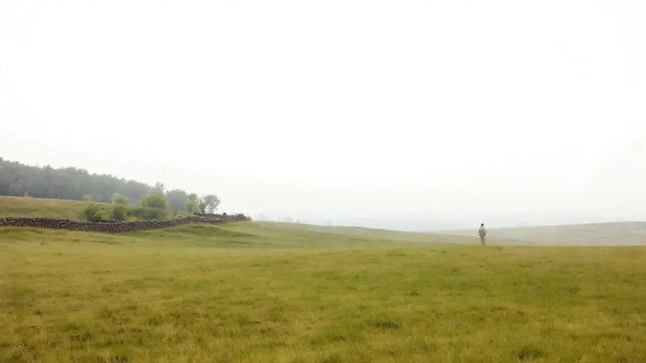 Campo rural sereno, luz suave y distante