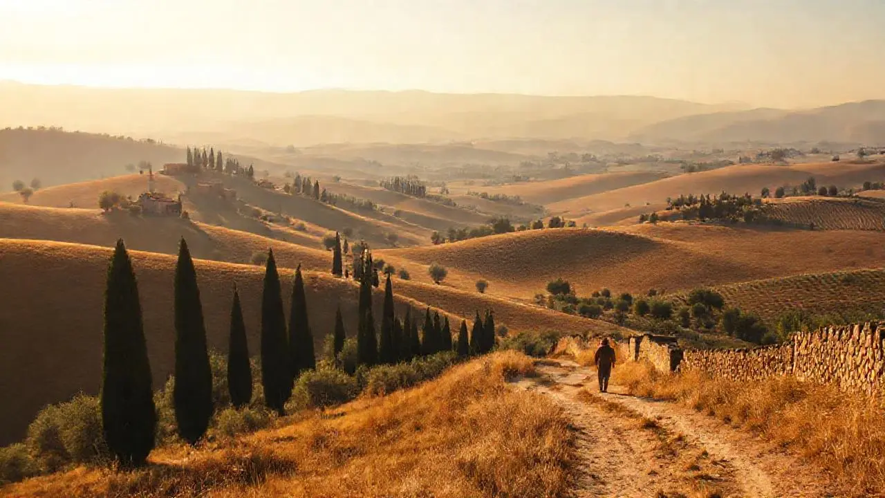 Paisaje toscano tranquilo, soleado y vasto