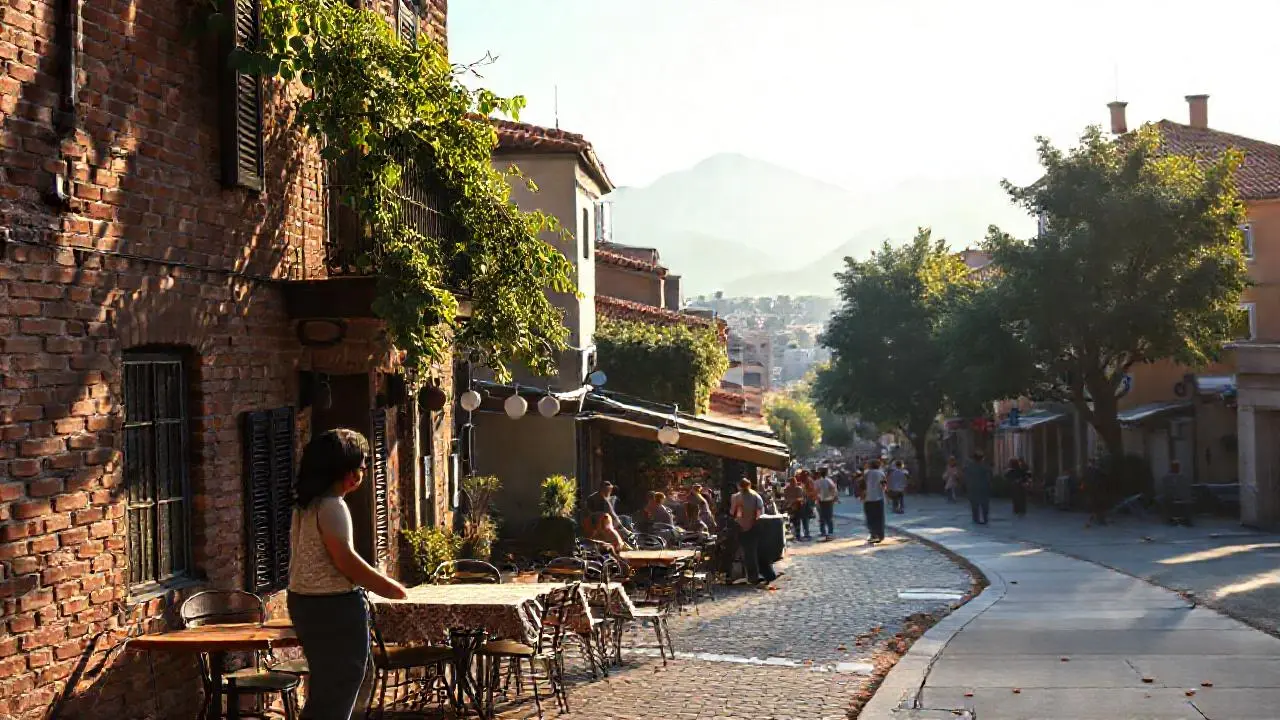 Escena urbana vibrante, cálida y relajada