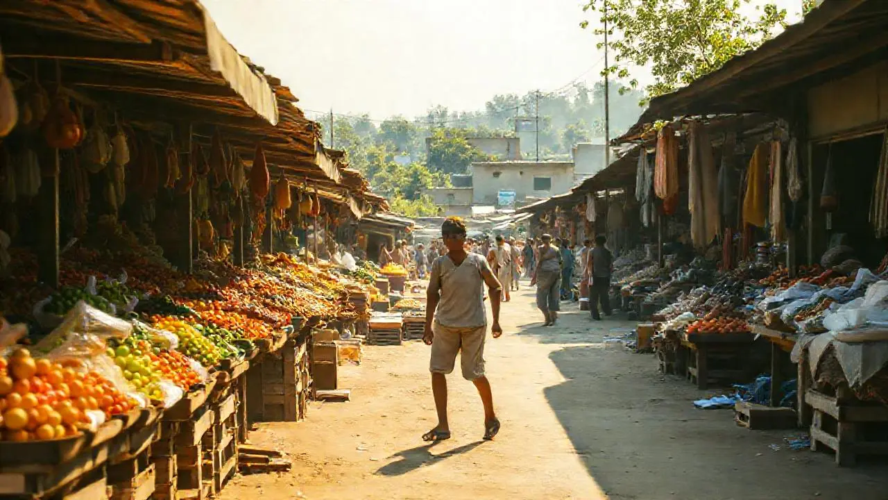 Mercado bullicioso bajo luz cálida y natural